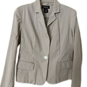 Rafaella Cream & Brown Pinstripe Blazer Petite 6 Cotton Stretch Work Jacket